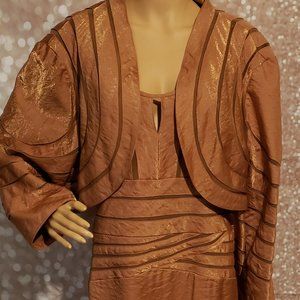 Gold two -piece dress with short jacket by Ashro, size 26.